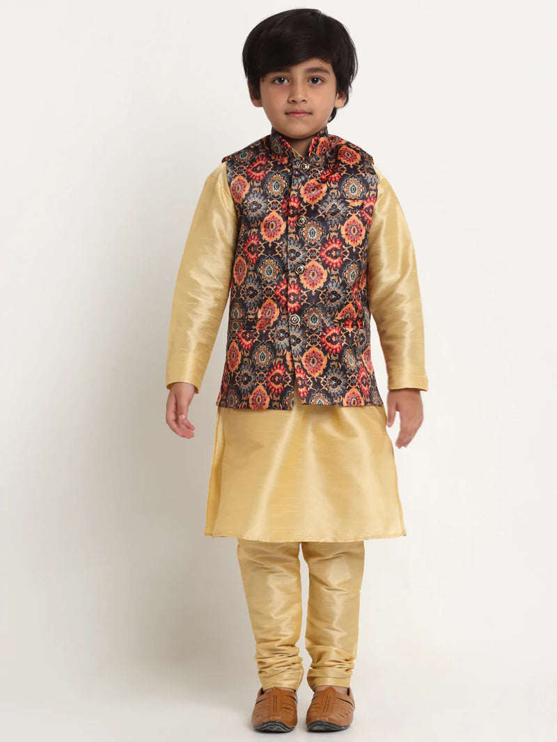 Kalyum Gold Solid Kurta With Pyjama &amp; Black Printed Nehrujacket set For Boys - Distacart