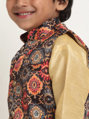 Kalyum Gold Solid Kurta With Pyjama & Black Printed Nehrujacket set For Boys - Distacart