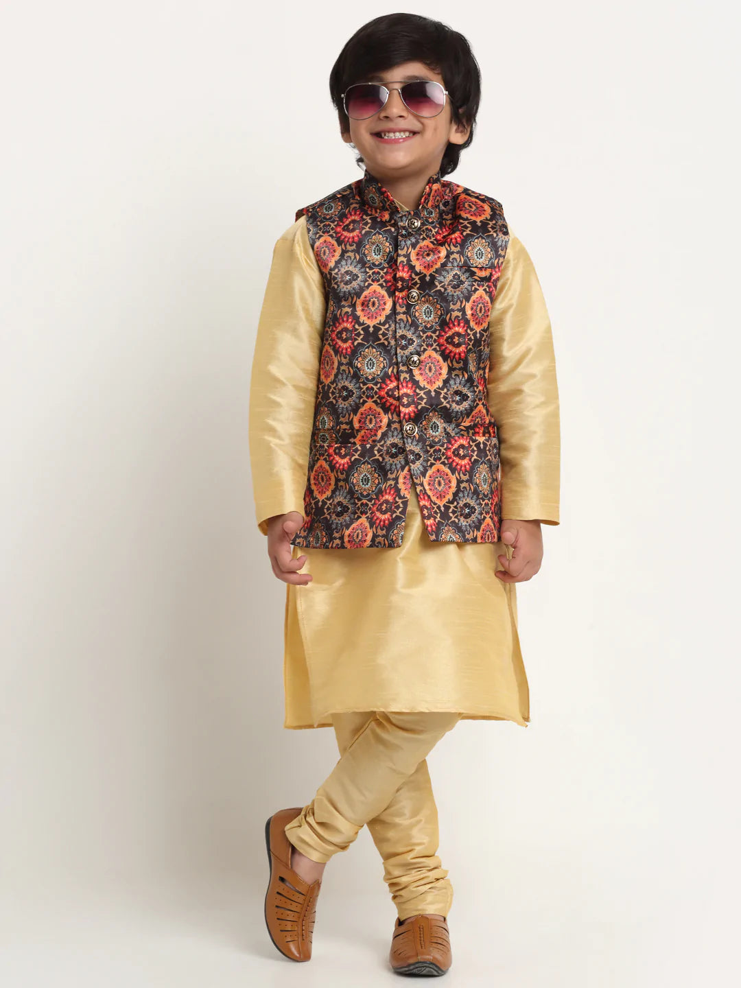 Kalyum Gold Solid Kurta With Pyjama & Black Printed Nehrujacket set For Boys - Distacart