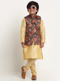 Thumbnail for Kalyum Gold Solid Kurta With Pyjama & Black Printed Nehrujacket set For Boys - Distacart