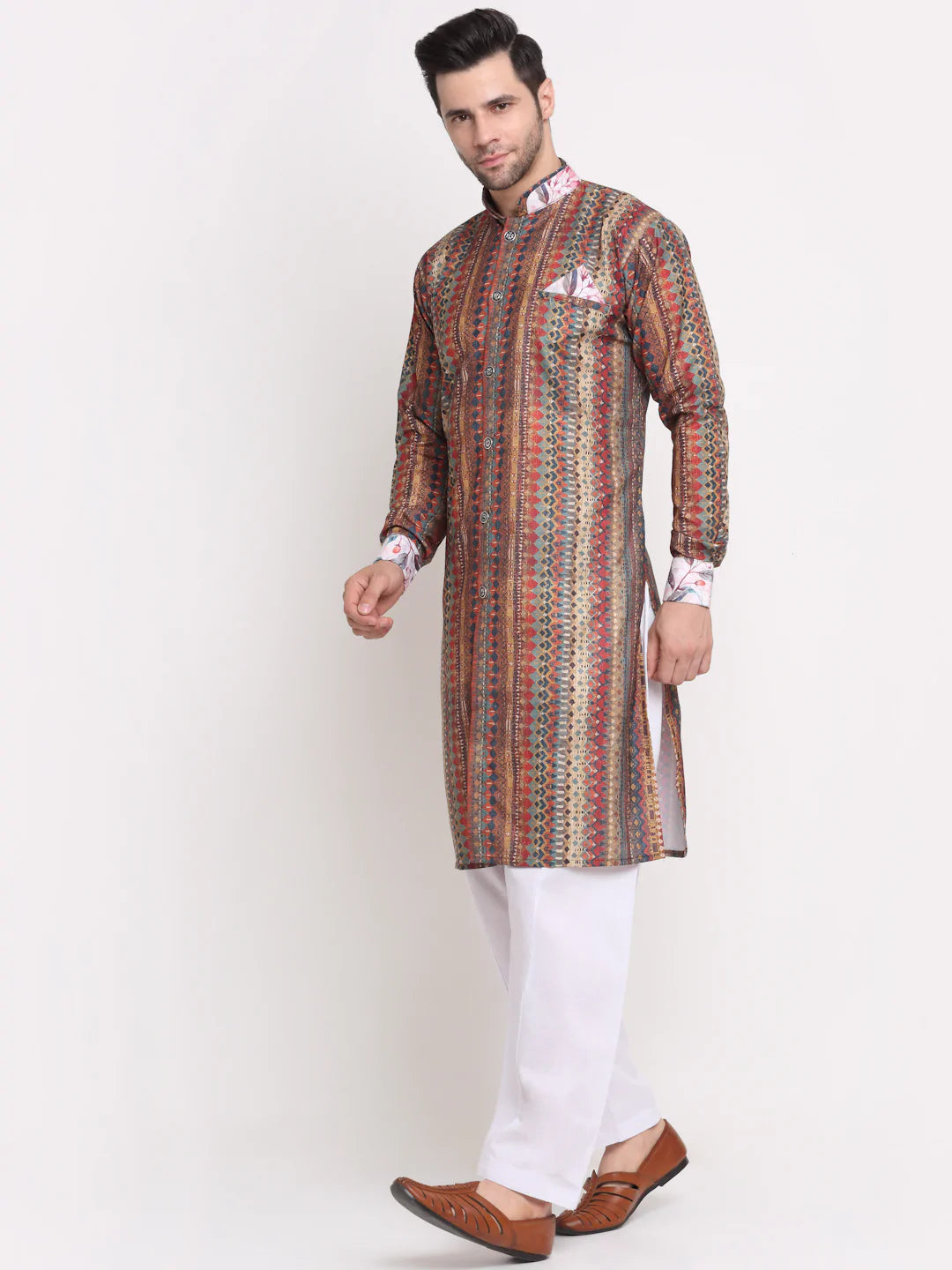 Kalyum Men's Multi Printed Kurta with White Pyjamas Set - Distacart
