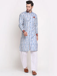 Thumbnail for Kalyum Men's White & Blue Printed Kurta with White Pyjamas Set - Distacart