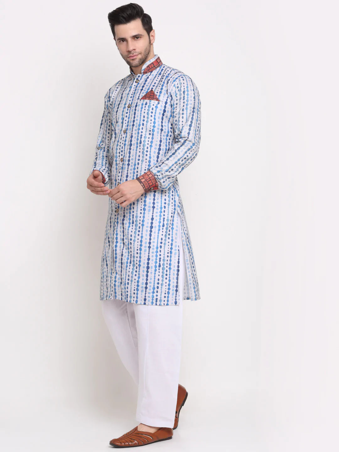 Kalyum Men's White & Blue Printed Kurta with White Pyjamas Set - Distacart