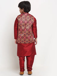 Thumbnail for Kalyum Maroon Solid Kurta With Pyjama & Rust Printed Nehrujacket set For Boys - Distacart