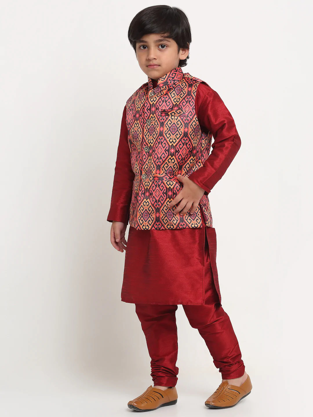 Kalyum Maroon Solid Kurta With Pyjama & Rust Printed Nehrujacket set For Boys - Distacart