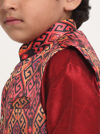 Thumbnail for Kalyum Maroon Solid Kurta With Pyjama & Rust Printed Nehrujacket set For Boys - Distacart