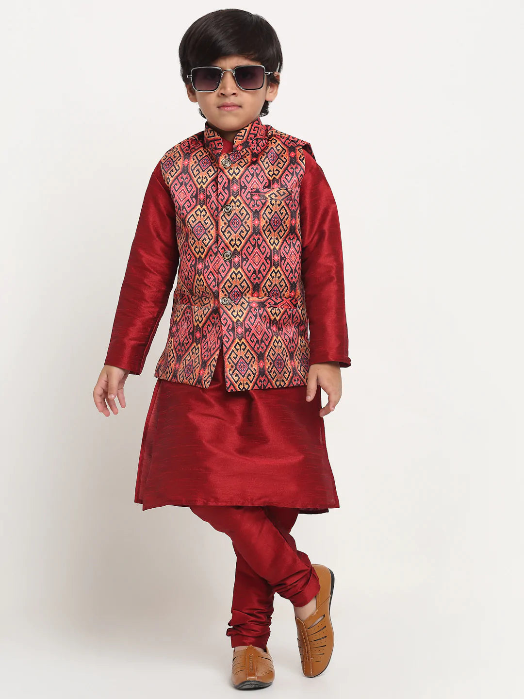 Kalyum Maroon Solid Kurta With Pyjama & Rust Printed Nehrujacket set For Boys - Distacart