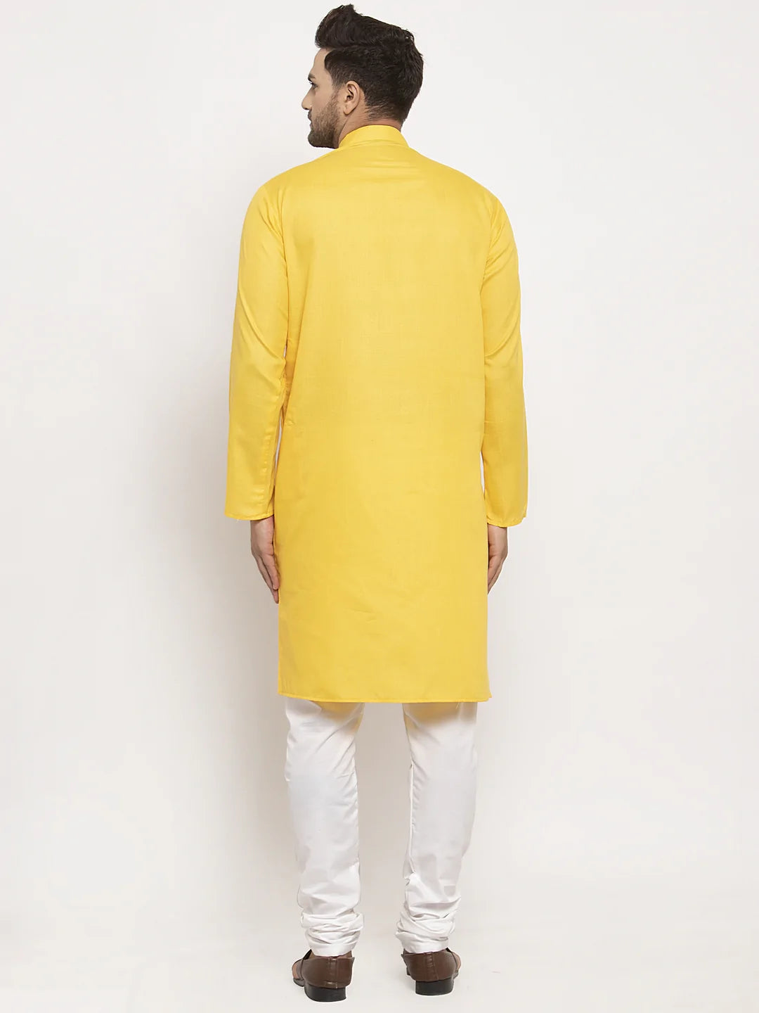 Kalyum Men's Yellow Solid Kurta with White Churidaar Pyjama - Distacart