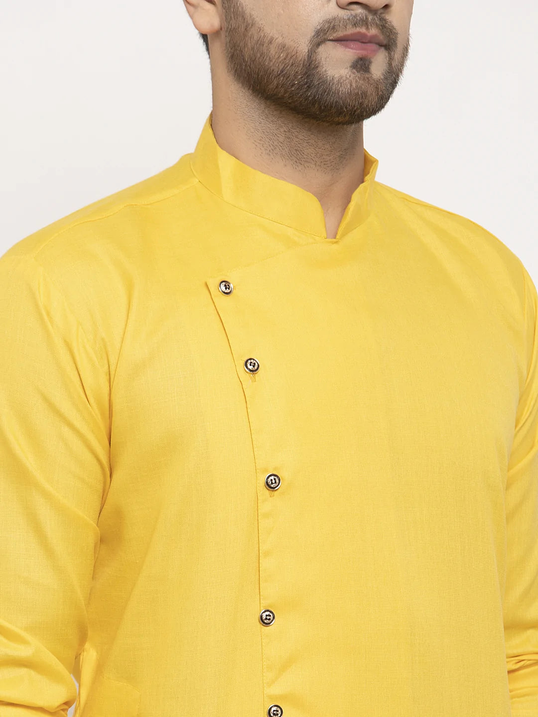 Kalyum Men's Yellow Solid Kurta with White Churidaar Pyjama - Distacart