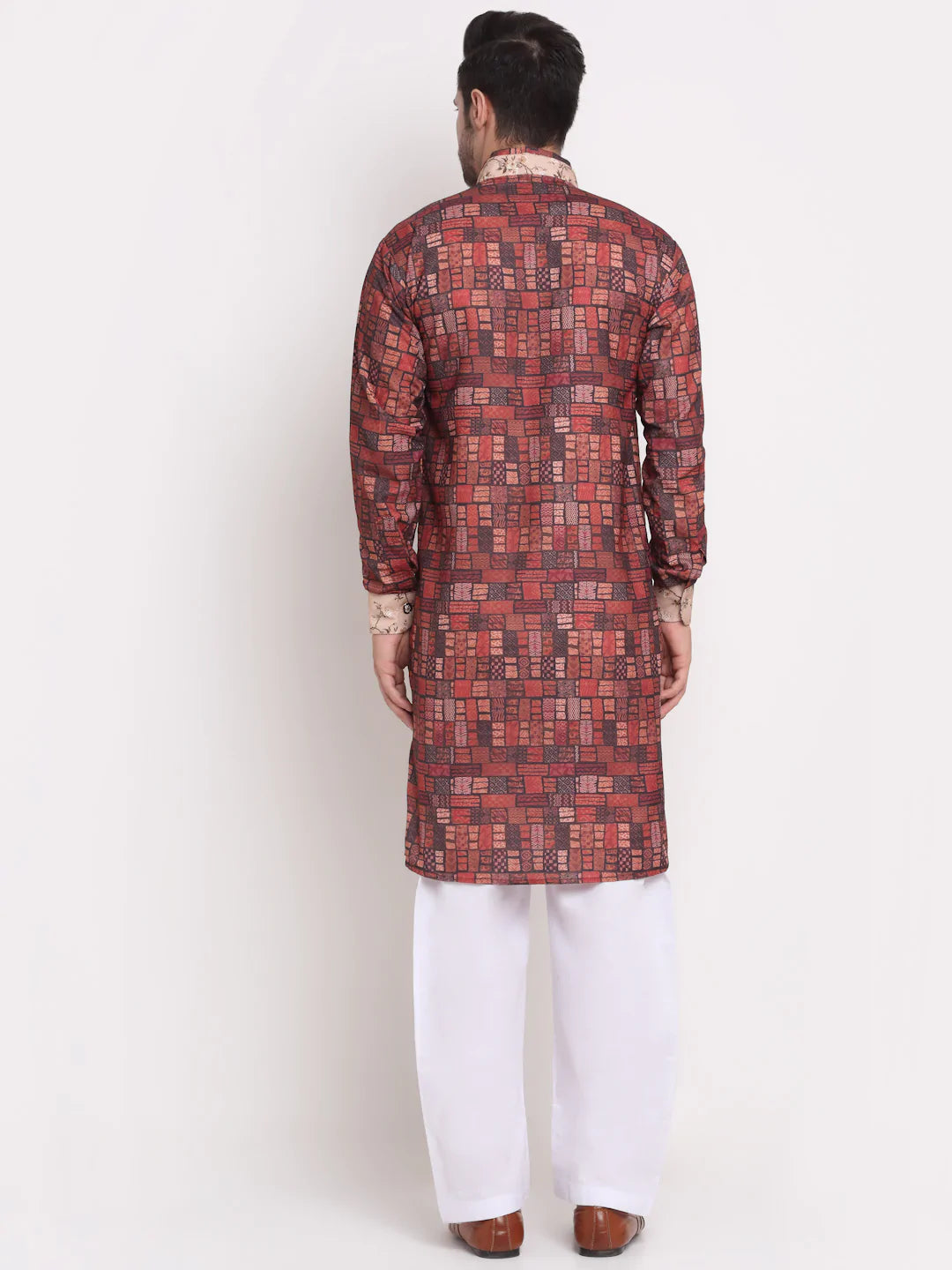 Kalyum Men's Brown & Multi Printed Kurta with White Pyjamas Set - Distacart