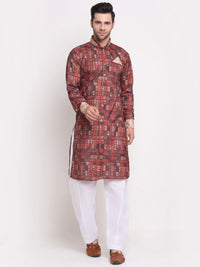 Thumbnail for Kalyum Men's Brown & Multi Printed Kurta with White Pyjamas Set - Distacart
