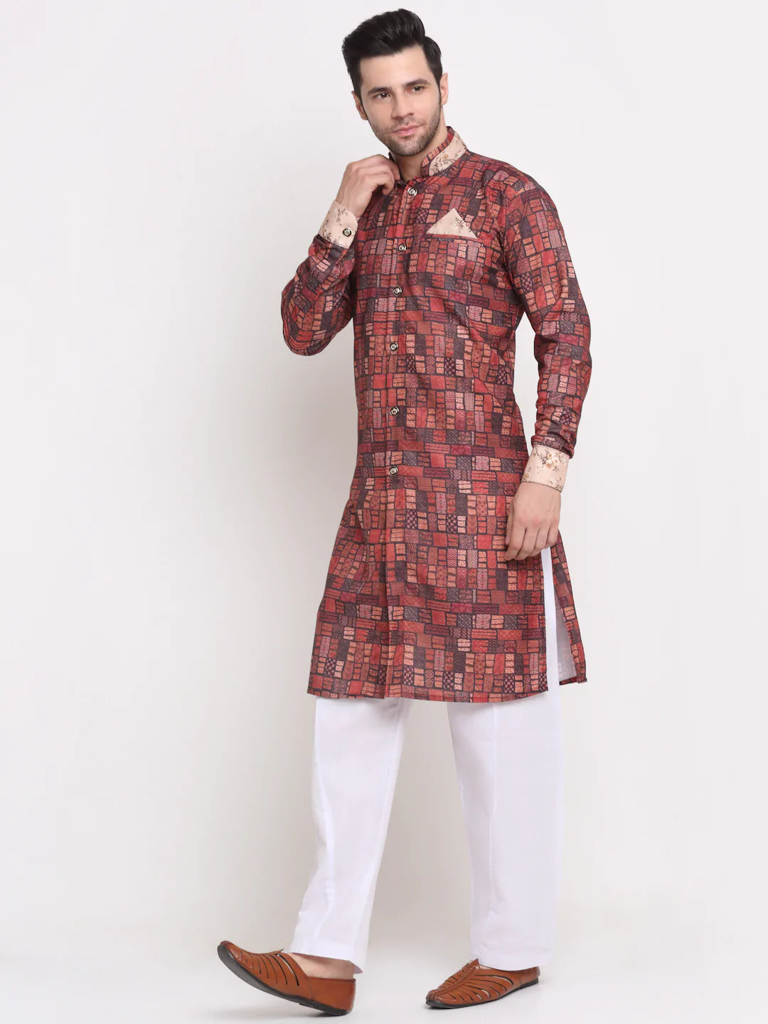 Kalyum Men's Brown & Multi Printed Kurta with White Pyjamas Set - Distacart