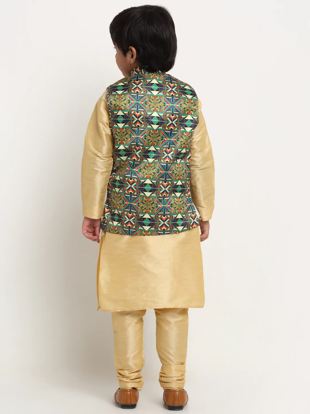 Kalyum Gold Solid Kurta With Pyjama & Green Printed Nehrujacket set For Boys - Distacart