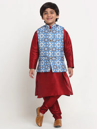 Thumbnail for Kalyum Maroon Solid Kurta With Pyjama & Indgo Blue Printed Nehrujacket set For Boys - Distacart