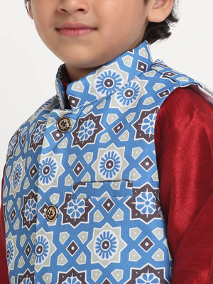 Kalyum Maroon Solid Kurta With Pyjama & Indgo Blue Printed Nehrujacket set For Boys - Distacart