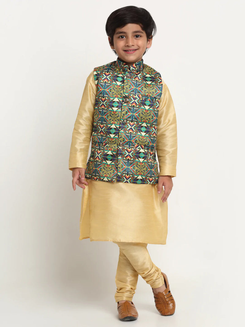 Kalyum Gold Solid Kurta With Pyjama &amp; Green Printed Nehrujacket set For Boys - Distacart