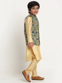 Thumbnail for Kalyum Gold Solid Kurta With Pyjama & Green Printed Nehrujacket set For Boys - Distacart