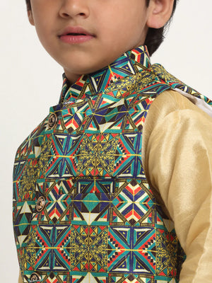 Kalyum Gold Solid Kurta With Pyjama & Green Printed Nehrujacket set For Boys - Distacart