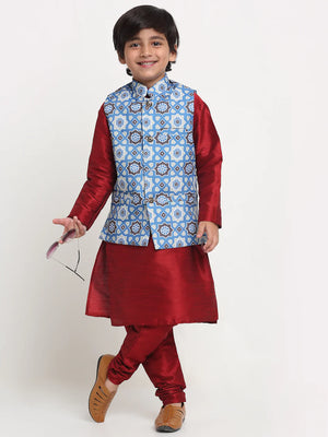 Kalyum Maroon Solid Kurta With Pyjama & Indgo Blue Printed Nehrujacket set For Boys - Distacart