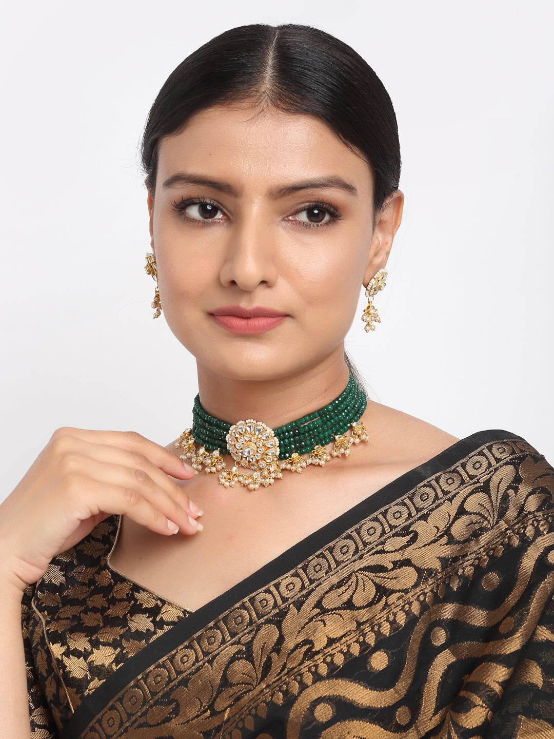 Gold-Plated Green Kundan-Studded Choker With Earrings - Ruby Raang - Distacart