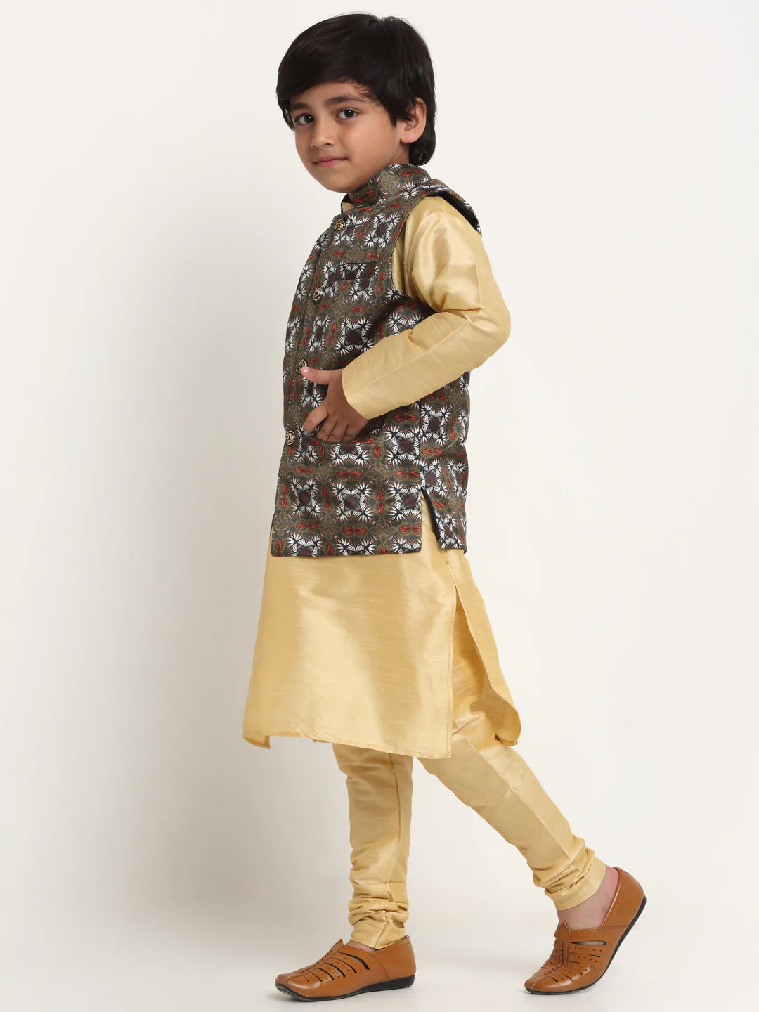 Kalyum Gold Solid Kurta With Pyjama & Olive Green Printed Nehrujacket set For Boys - Distacart