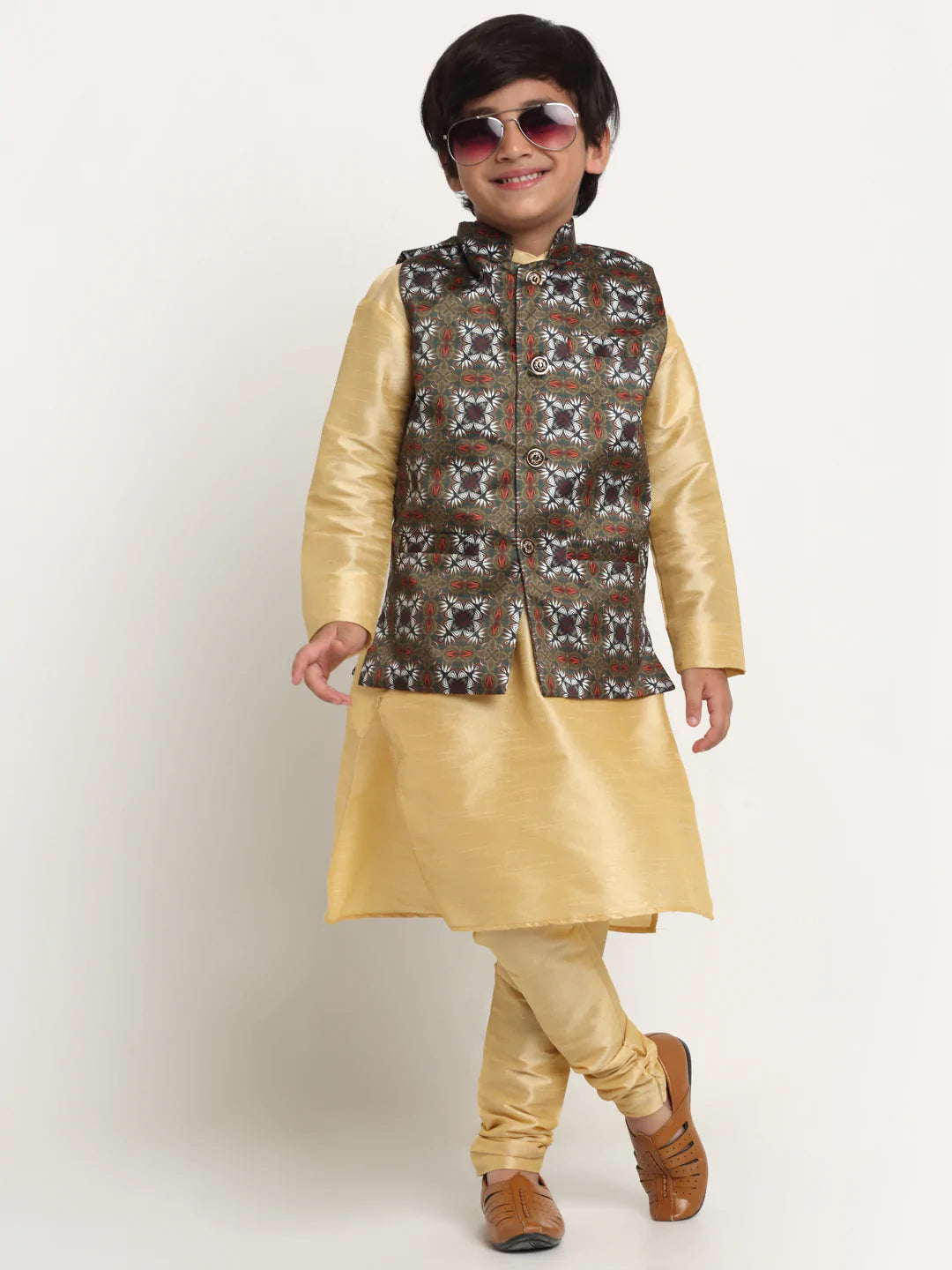 Kalyum Gold Solid Kurta With Pyjama & Olive Green Printed Nehrujacket set For Boys - Distacart