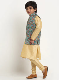 Thumbnail for Kalyum Gold Solid Kurta With Pyjama & Teal Printed Nehrujacket set For Boys - Distacart