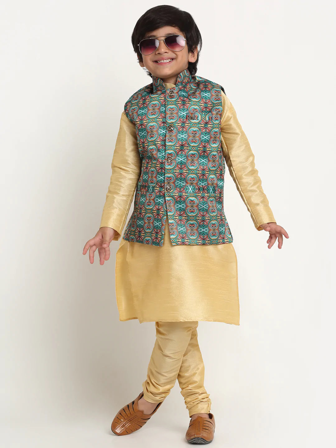 Kalyum Gold Solid Kurta With Pyjama & Teal Printed Nehrujacket set For Boys - Distacart