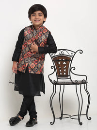 Thumbnail for Kalyum Black Solid Kurta With Pyjama & Black Printed Nehrujacket set For Boys - Distacart