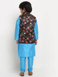 Thumbnail for Kalyum Blue Solid Kurta With Pyjama & Black Printed Nehrujacket set For Boys - Distacart