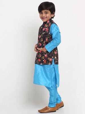 Kalyum Blue Solid Kurta With Pyjama & Black Printed Nehrujacket set For Boys - Distacart