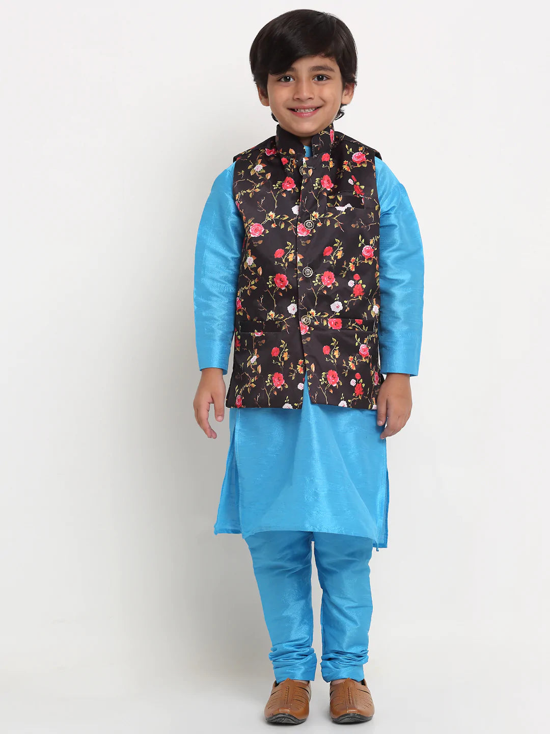 Kalyum Blue Solid Kurta With Pyjama & Black Printed Nehrujacket set For Boys - Distacart