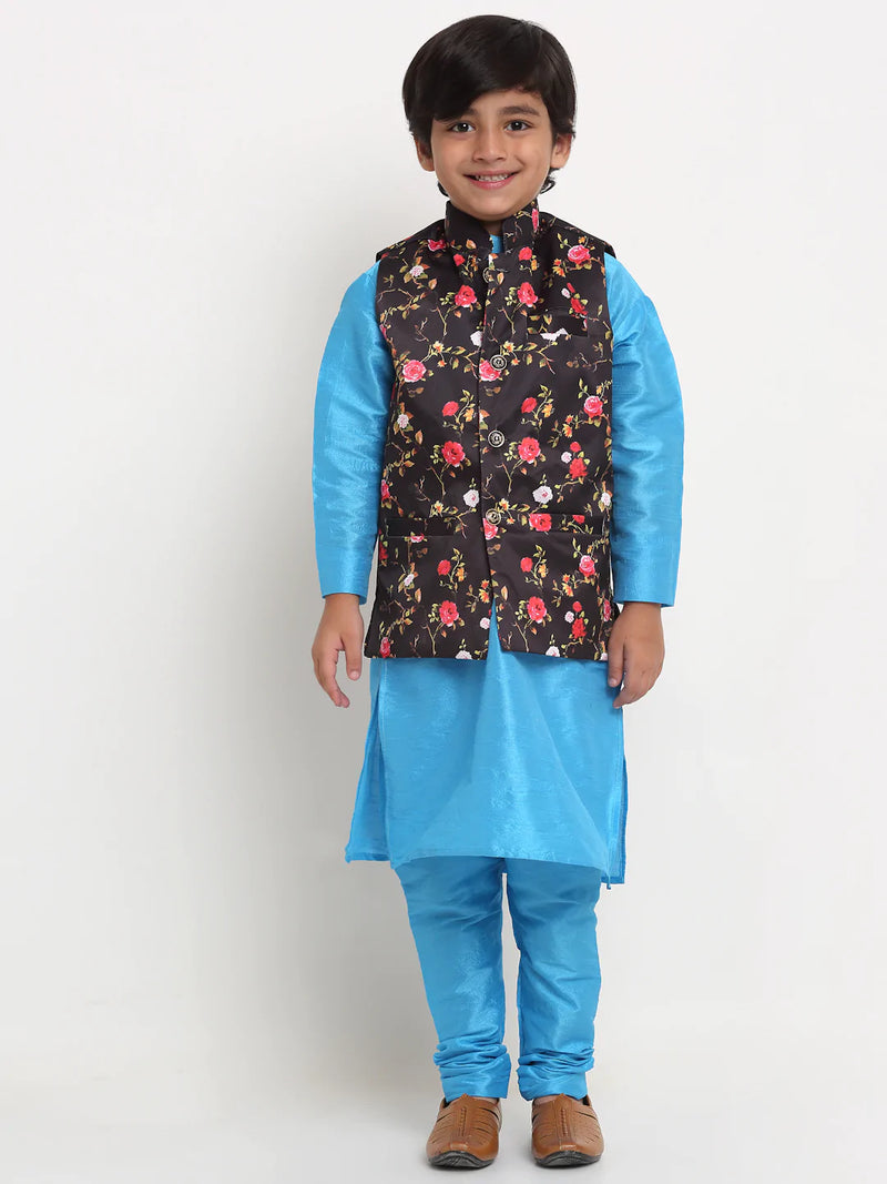 Kalyum Blue Solid Kurta With Pyjama &amp; Black Printed Nehrujacket set For Boys - Distacart