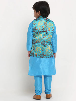 Kalyum Blue Solid Kurta With Pyjama & Sea Green Printed Nehrujacket set For Boys - Distacart
