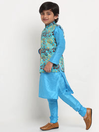 Thumbnail for Kalyum Blue Solid Kurta With Pyjama & Sea Green Printed Nehrujacket set For Boys - Distacart