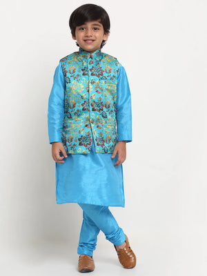 Kalyum Blue Solid Kurta With Pyjama & Sea Green Printed Nehrujacket set For Boys - Distacart