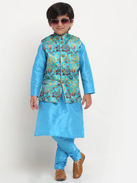 Thumbnail for Kalyum Blue Solid Kurta With Pyjama & Sea Green Printed Nehrujacket set For Boys - Distacart