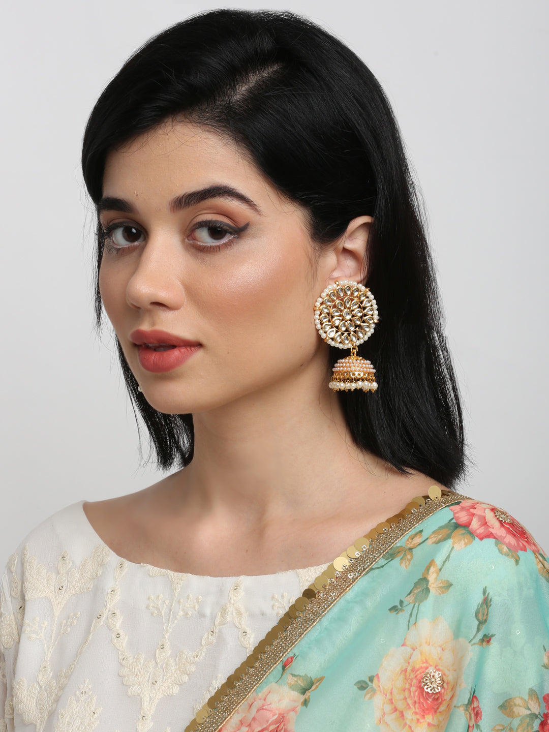 Gold White Kundan Studded Dome Shaped Jhumka Earrings - Ruby Raang - Distacart