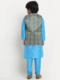Thumbnail for Kalyum Blue Solid Kurta With Pyjama & Teal Printed Nehrujacket set For Boys - Distacart
