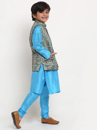 Thumbnail for Kalyum Blue Solid Kurta With Pyjama & Teal Printed Nehrujacket set For Boys - Distacart