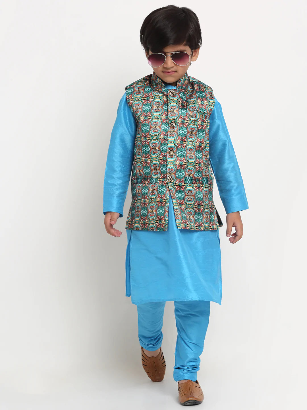 Kalyum Blue Solid Kurta With Pyjama & Teal Printed Nehrujacket set For Boys - Distacart