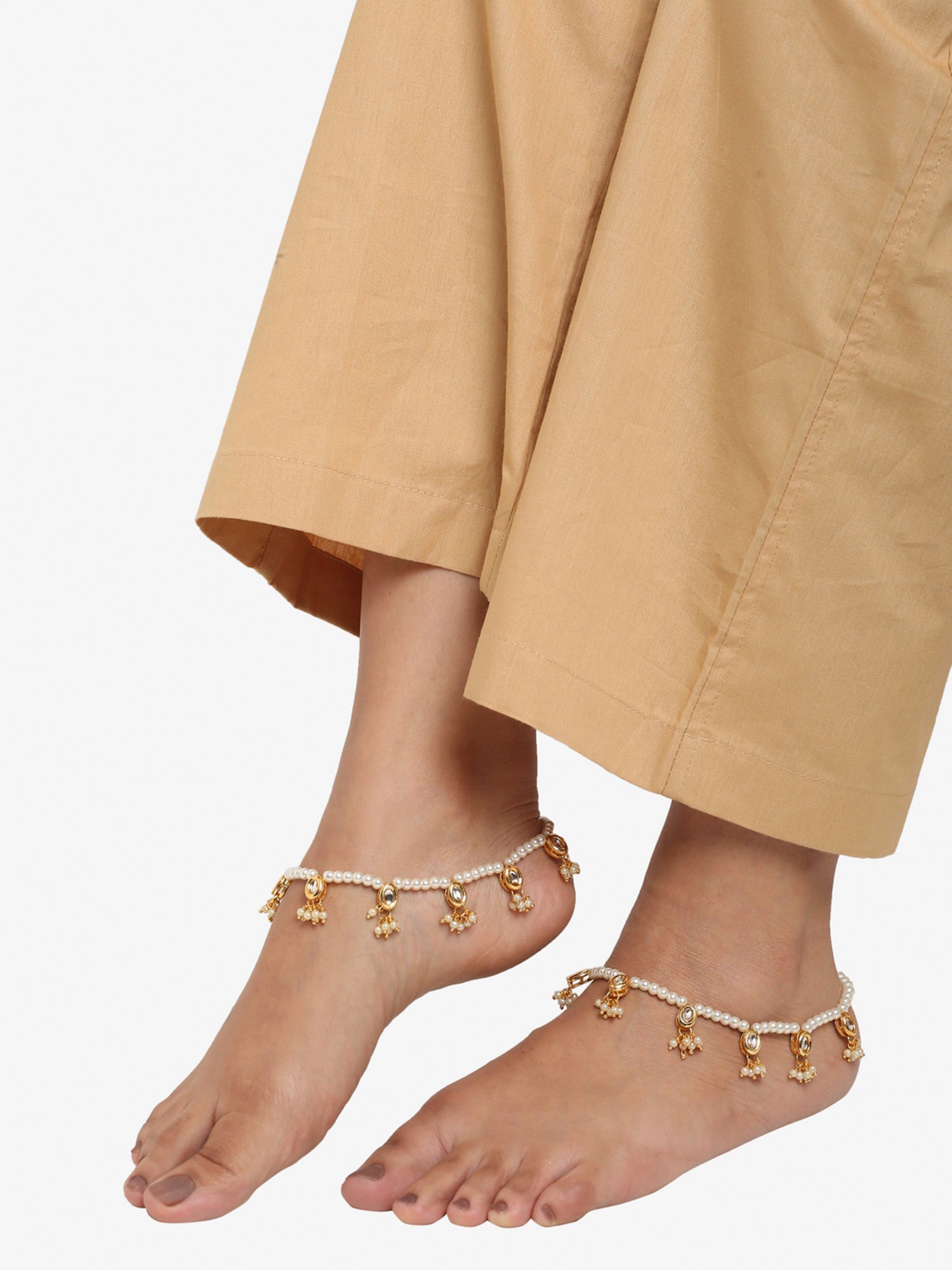 White Gold-Toned Plated Kundan Anklets Set Of 2 - Ruby Raang - Distacart