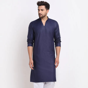 Kalyum Men's Cotton Blend Navy Blue Straight Long Kurta - Distacart