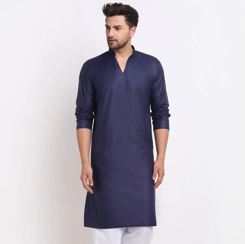 Kalyum Men&#39;s Cotton Blend Navy Blue Straight Long Kurta - Distacart
