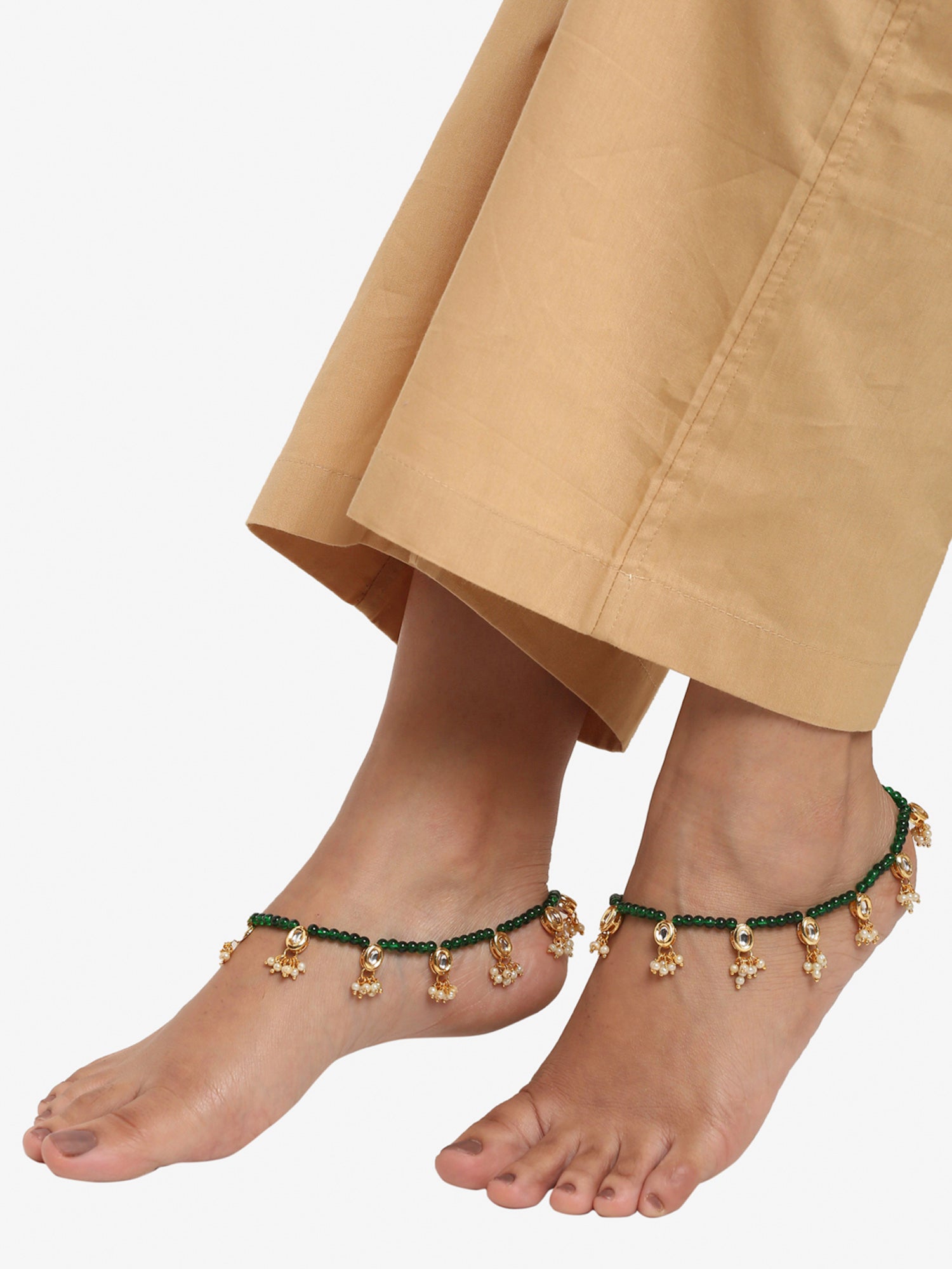 Women's Set Of 2 Green Anklets - Ruby Raang - Distacart
