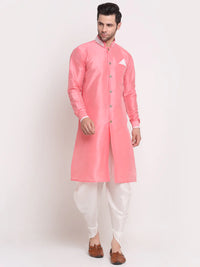Thumbnail for Kalyum Men's Pink Solid Kurta with White Dhoti Pant - Distacart