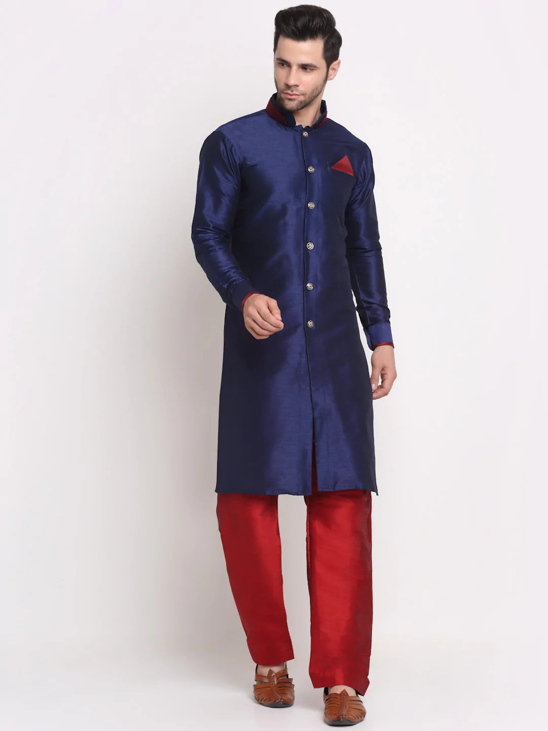 Kalyum Men's Navy Blue Solid Kurta with Maroon Pyjamas Set - Distacart