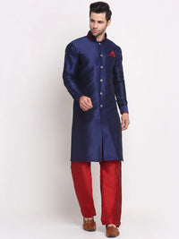 Thumbnail for Kalyum Men's Navy Blue Solid Kurta with Maroon Pyjamas Set - Distacart