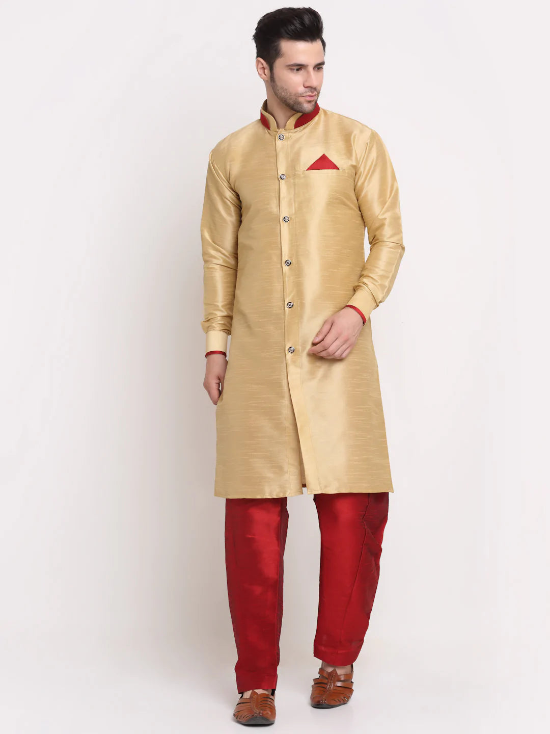 Kalyum Men's Gold Solid Kurta with Maroon Pyjamas Set - Distacart