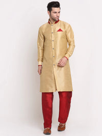 Thumbnail for Kalyum Men's Gold Solid Kurta with Maroon Pyjamas Set - Distacart